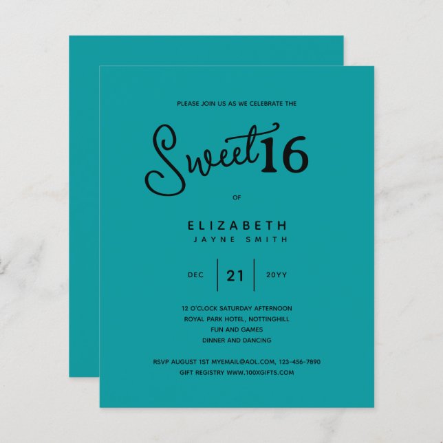 Teal SWEET 16 Modern Elegant Budget Birthday (Front/Back)