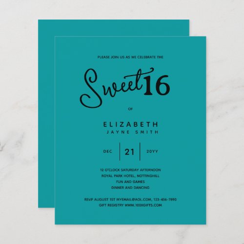 Teal SWEET 16 Modern Elegant Budget Birthday