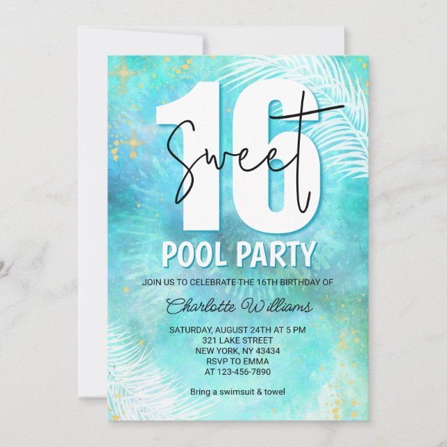 Teal Sweet 16 Pool Party Birthday Invitation (Front)