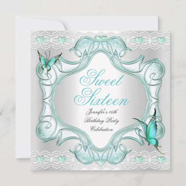 Teal Sweet Sixteen 16 Party White Butterfly Invitation (Front)