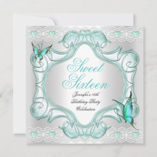Teal Sweet Sixteen 16 Party White Butterfly Invitation