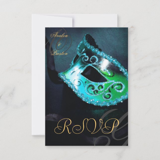 Teal Swirl Masquerade Mask RSVP Invitation (Front)