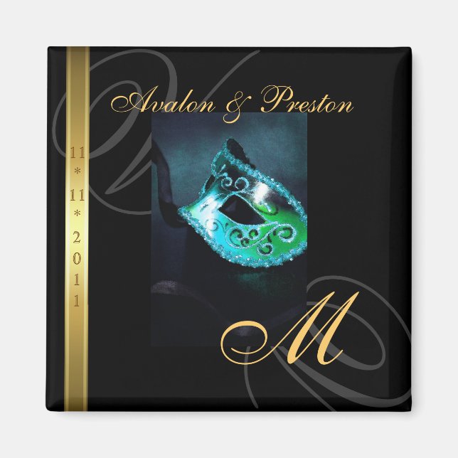 Teal Swirl Masquerade Mask Save The Date Magnet (Front)