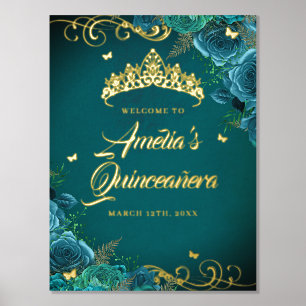 Teal Swirl Quinceanera Welcome Sign Gold