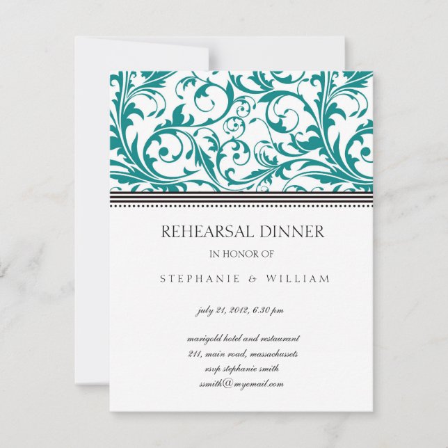 Teal Swirl Rehearsal Dinner Card (Front)