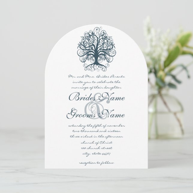 Teal Swirl Tree Roots of Love Wedding Invitate Invitation (Standing Front)