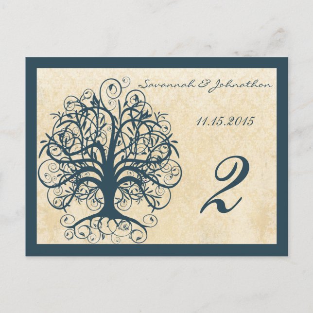 Teal Swirl Tree Table Number Cards (Front)