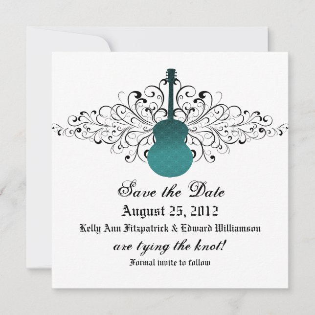 Teal Swirls Guitar Save the Date Invite (Front)