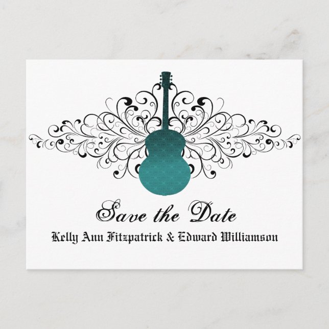 Teal Swirls Guitar Save the Date Postcard (Front)