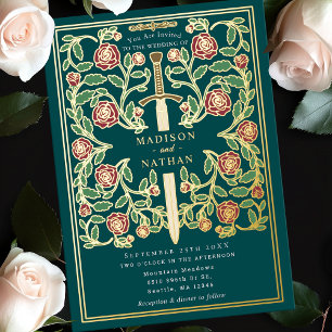 Teal Sword Floral Medieval Fantasy Wedding  Foil Invitation