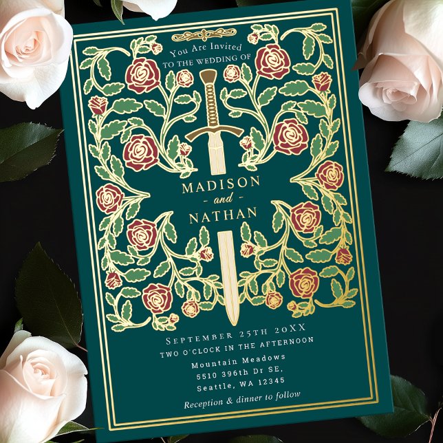 Teal Sword Floral Medieval Fantasy Wedding  Foil Invitation (Creator Uploaded)