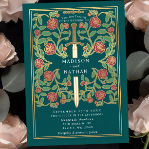 Teal Sword Floral Medieval Fantasy Wedding  Invitation