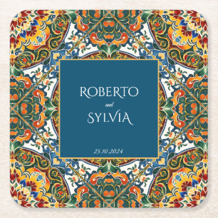 Teal talavera vintage Mexican wedding monogrammed Square Paper Coaster