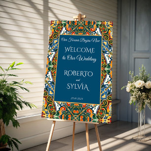 Teal talavera vintage Mexican wedding welcome sign