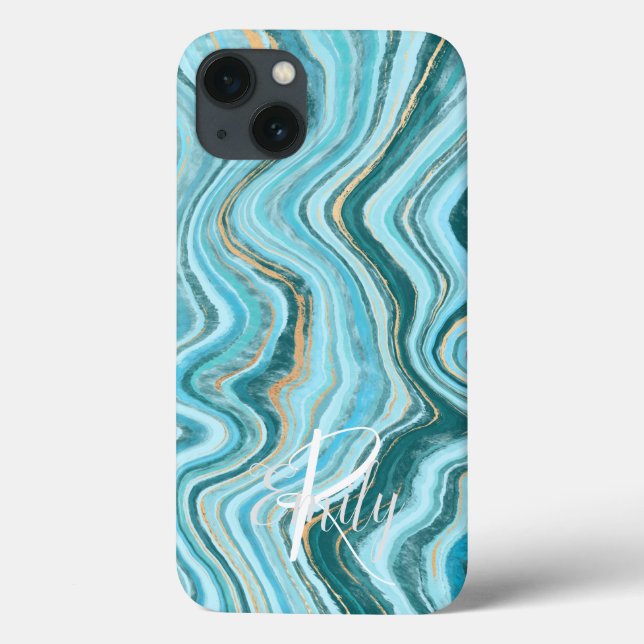  Teal & Tan Agate Marble Abstract Name Monogram  Case-Mate iPhone Case (Back)