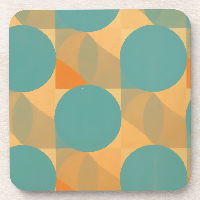 Teal, Tan, and Orange in Retro Look Pattern Beverage Coaster (Front)
