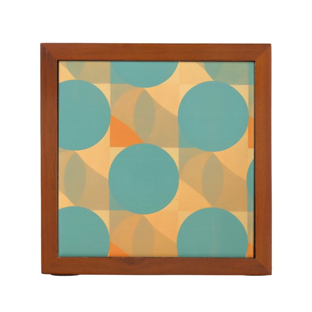 Teal, Tan, and Orange in Retro Look Pattern Desk Organizer (Front)