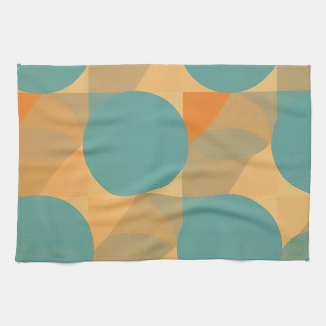 Teal, Tan, and Orange in Retro Look Pattern Kitchen Towel (Horizontal)