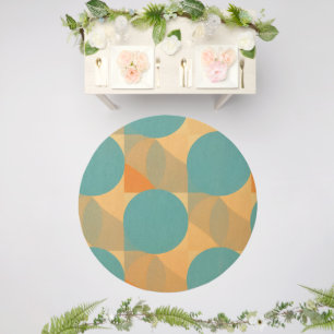 Teal, Tan, and Orange in Retro Look Pattern Outdoor Rug