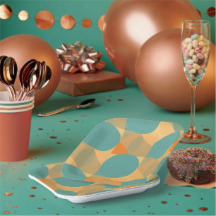 Teal, Tan, and Orange in Retro Look Pattern Paper Plates