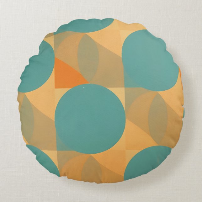 Teal, Tan, and Orange in Retro Look Pattern Round Pillow (Front)