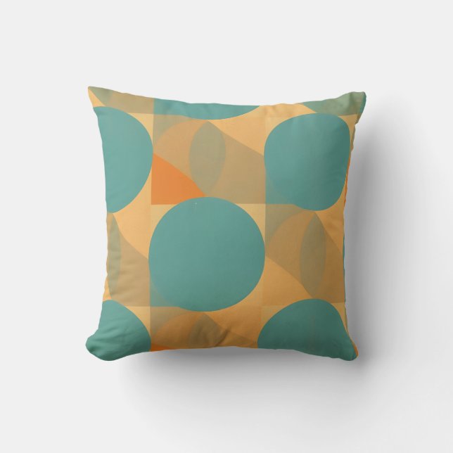 Teal, Tan, and Orange in Retro Look Pattern Throw Pillow (Front)