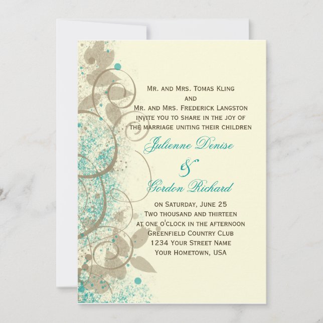 Teal Tan Grunge Swirls Leaves Wedding Invitation (Front)
