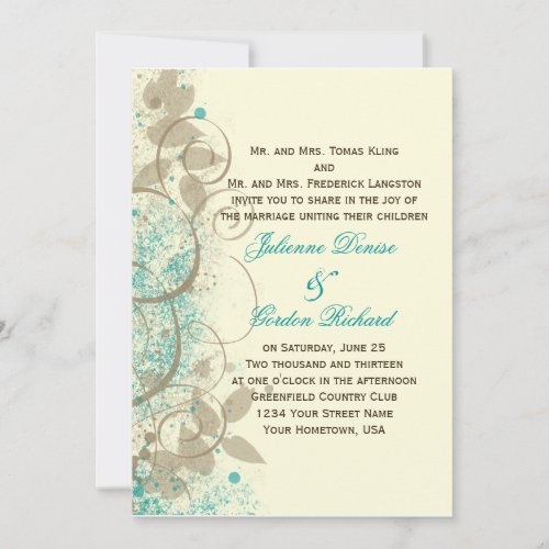 Teal Tan Grunge Swirls Leaves Wedding Invitation