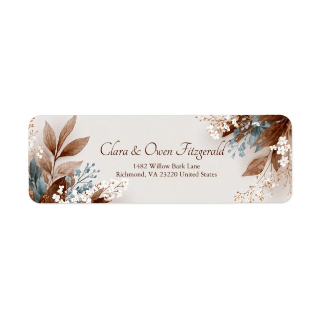 Teal Tan Leaf White Blossom Botanical Label (Front)