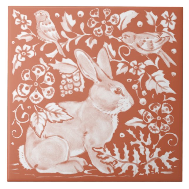 Teal Tan Rust Rabbit Bird Woodland Faces Right Ceramic Tile (Front)