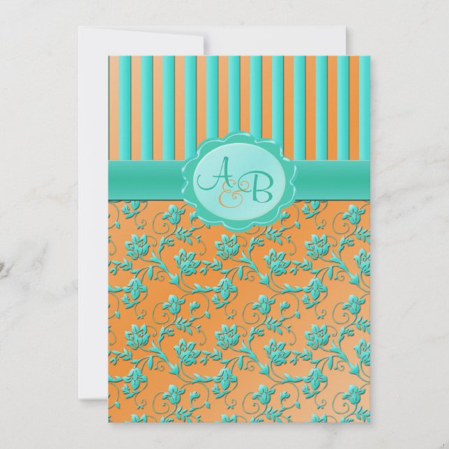 Teal & Tangerine Floral Stripe Monogram Invitation (Front)
