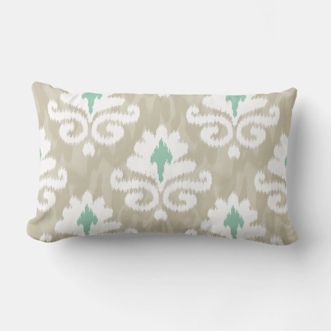 Teal & Taupe Ikat Turquoise Ethnic Boho Print Lumbar Pillow (Front)