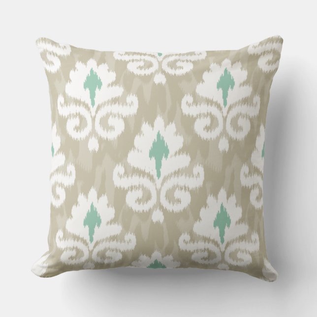 Teal & Taupe Ikat Turquoise Ethnic Boho Print Throw Pillow (Front)