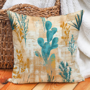 Teal Taupe Rustic Farmhouse Desert Cactus Throw Pillow