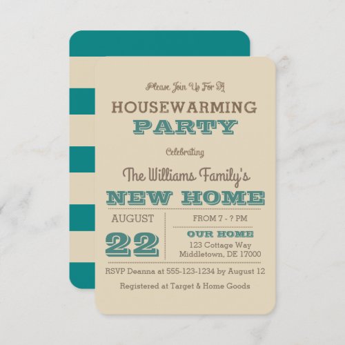 Teal  Taupe Stripe Housewarming Invitation 3x5