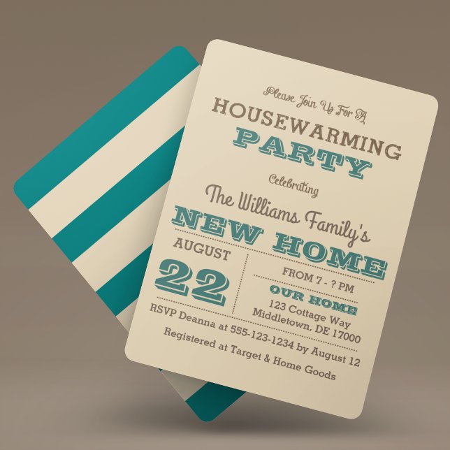Teal & Taupe Stripe Housewarming Invitation 3x5 (Creator Uploaded)