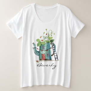 Teal Teapot Fairytale House Watercolor Plus Size T-Shirt