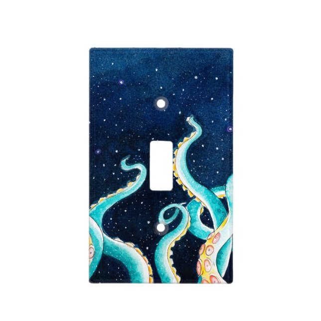 Teal Tentacles Galaxy Stars Watercolor Light Switch Cover (Front)