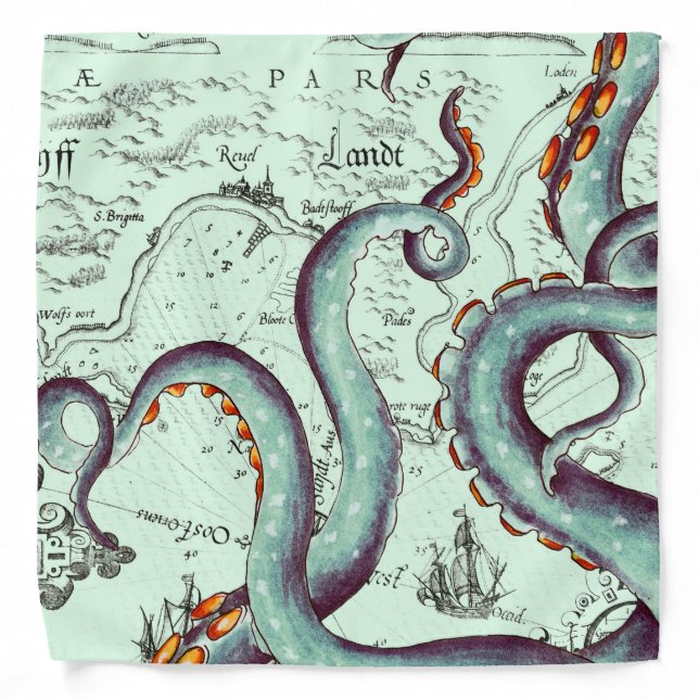 Teal Tentacles On Teal Vintage Map Bandana (Front)