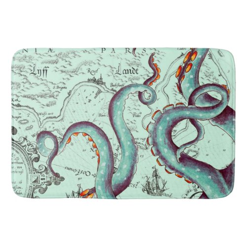 Teal Tentacles On Teal Vintage Map Bath Mat