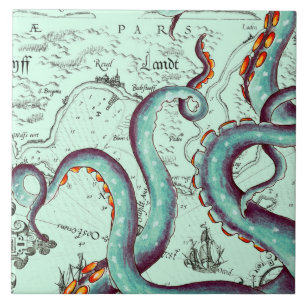 Teal Tentacles On Teal Vintage Map Ceramic Tile