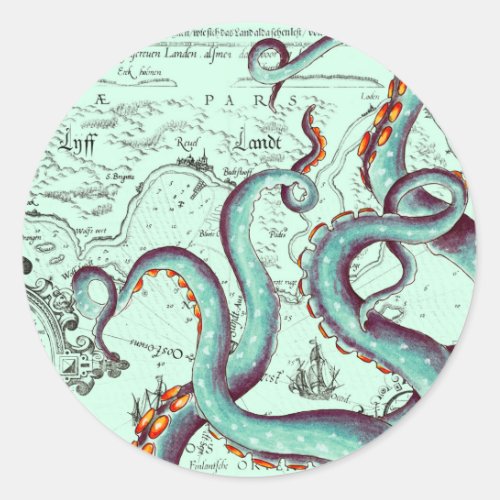 Teal Tentacles On Teal Vintage Map Classic Round Sticker