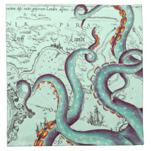 Teal Tentacles On Teal Vintage Map Cloth Napkin