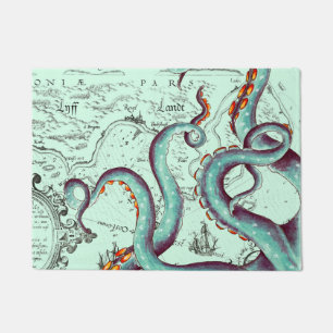Teal Tentacles On Teal Vintage Map Doormat