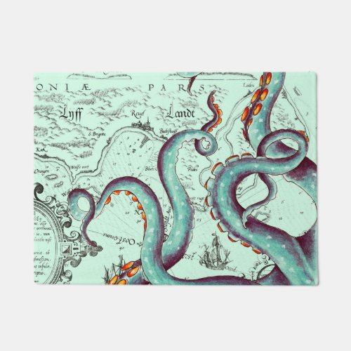 Teal Tentacles On Teal Vintage Map Doormat