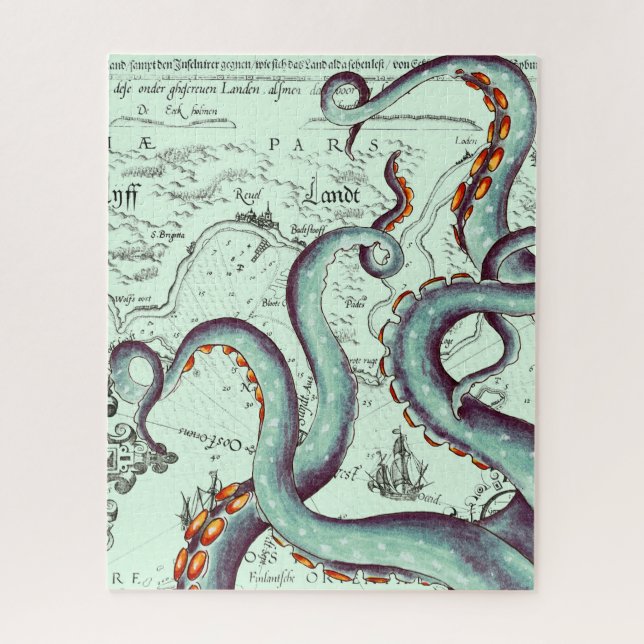 Teal Tentacles On Teal Vintage Map Jigsaw Puzzle (Vertical)