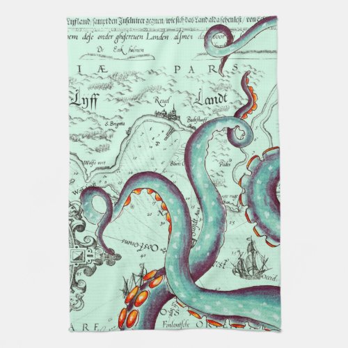 Teal Tentacles On Teal Vintage Map Kitchen Towel