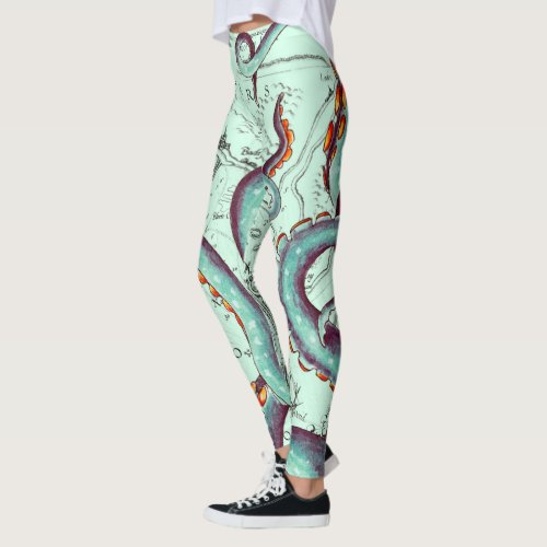 Teal Tentacles On Teal Vintage Map Leggings