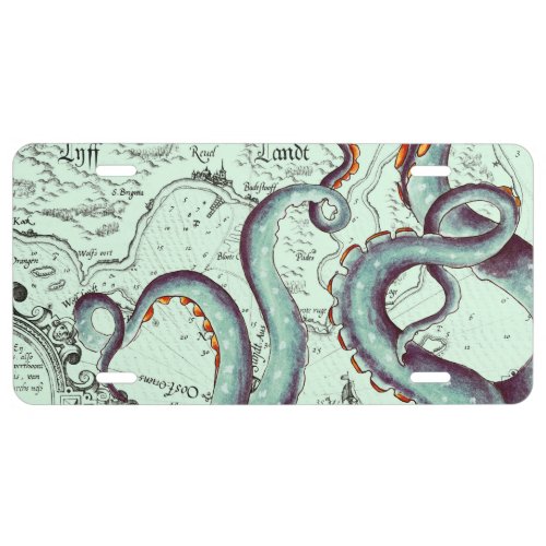 Teal Tentacles On Teal Vintage Map License Plate