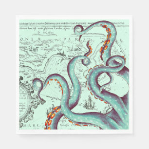 Teal Tentacles On Teal Vintage Map Napkins